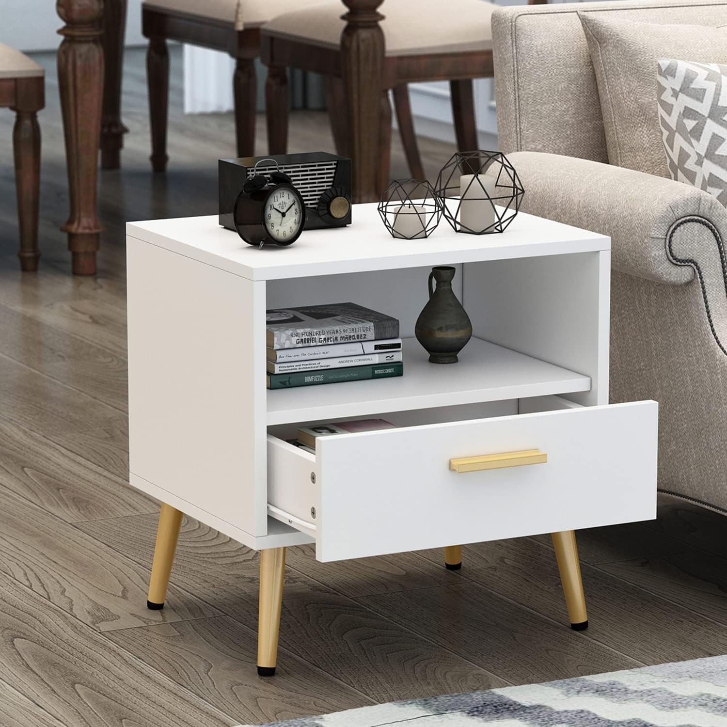 ECACAD Moderna mesita de noche con cajón y estante abierto, mesa auxiliar con patas de metal dorado para dormitorio, sala de estar, color blanco