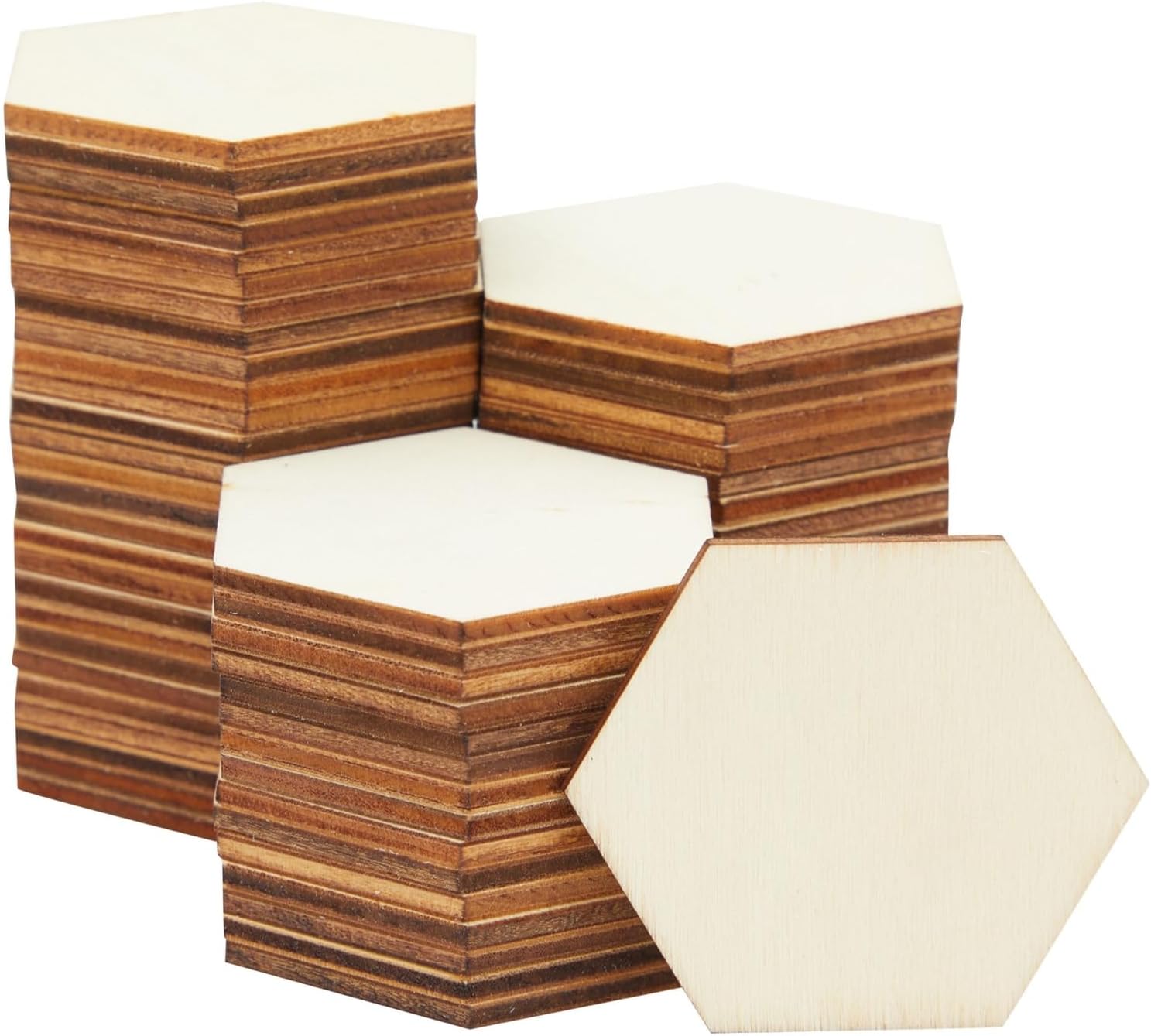 Bright Creations Paquete de 100 piezas hexagonales de madera sin terminar para manualidades, recortes de rebanadas de madera de 0.098 in (2 x 2