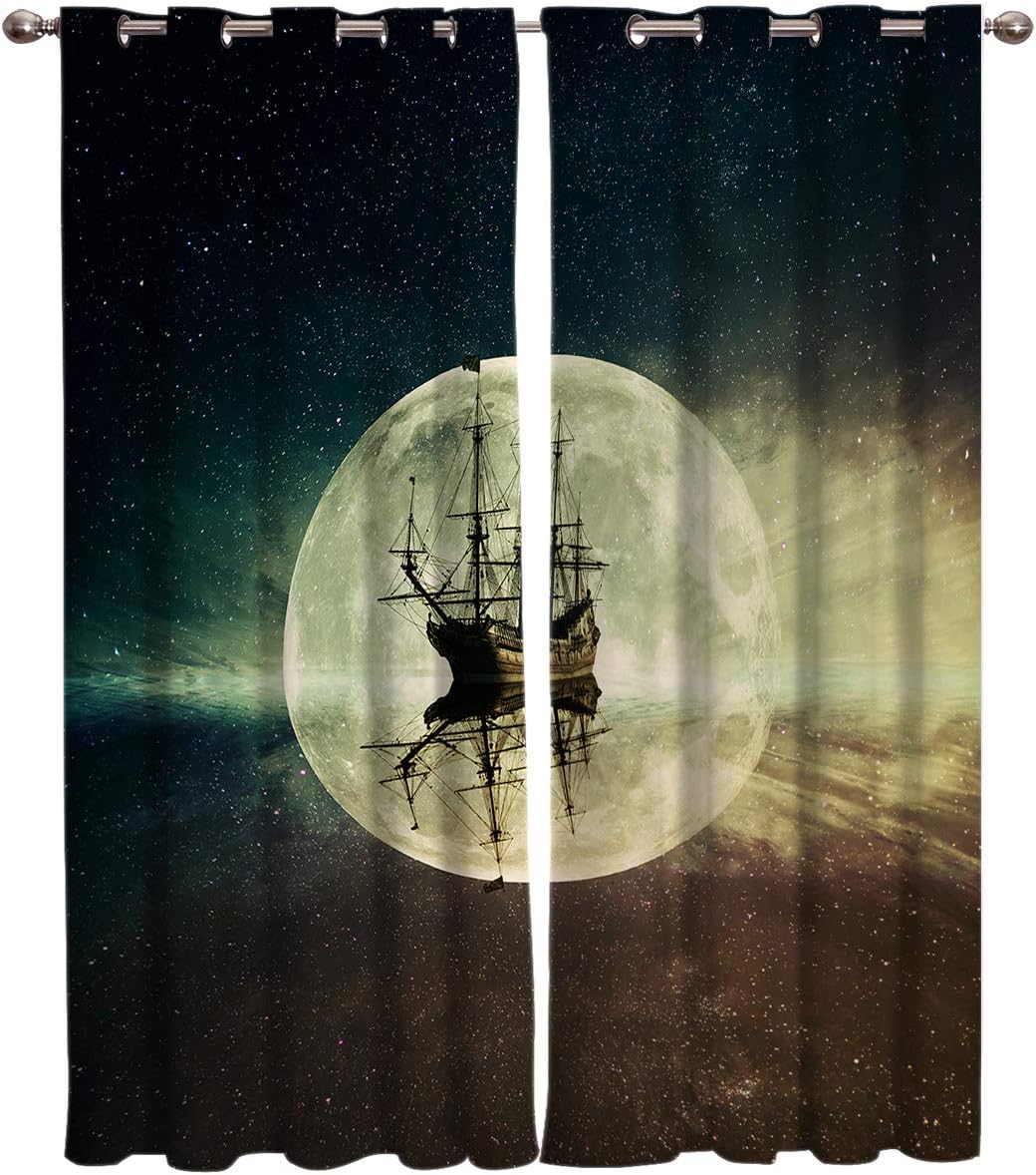 Blackout Curtains Thermal Insulated Ghost Boat in The Space Starry Sky Solid Pattern Metal Grommet Elegant Room Drapes Window Curtain for Bedroom