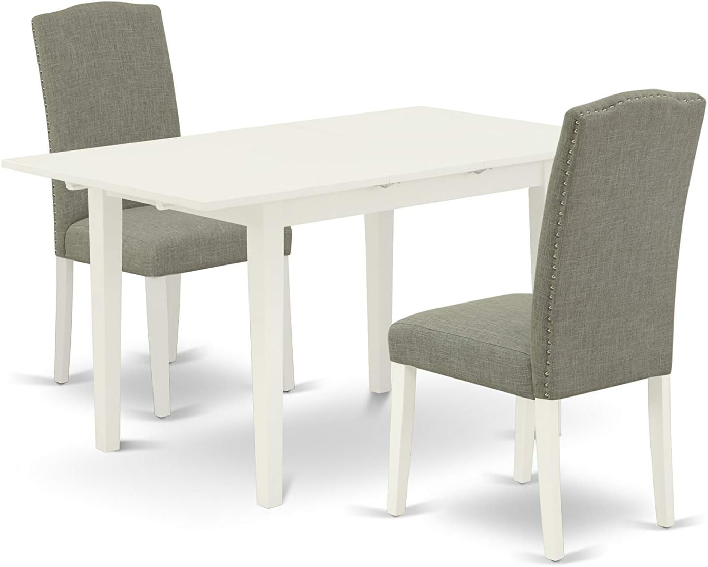East West Furniture NOEN3-LWH-06 – El juego de 3 piezas contiene una mesa de comedor rectangular con hoja de mariposa y 2 sillas tapizadas de tela