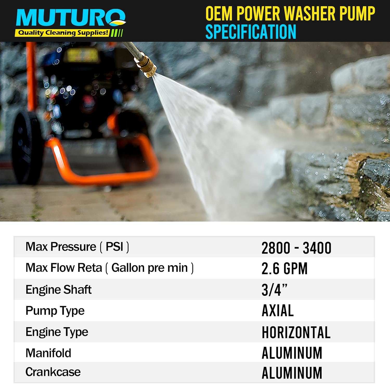 Bomba de lavado a presión horizontal de 34 pulgadas, eje de 3400 PSI, repuesto de 2.6 GPM, compatible con Honda, Simpson, Troybilt, gc190 y más