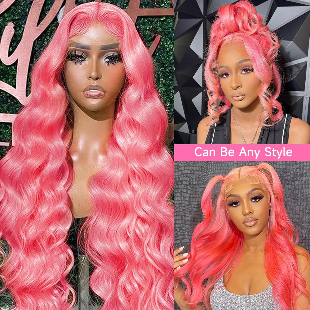 Peluca de cabello humano con encaje frontal color rosa, peluca de cabello humano prearrancado de 13 x 4, color rosa, pelucas de encaje frontal de