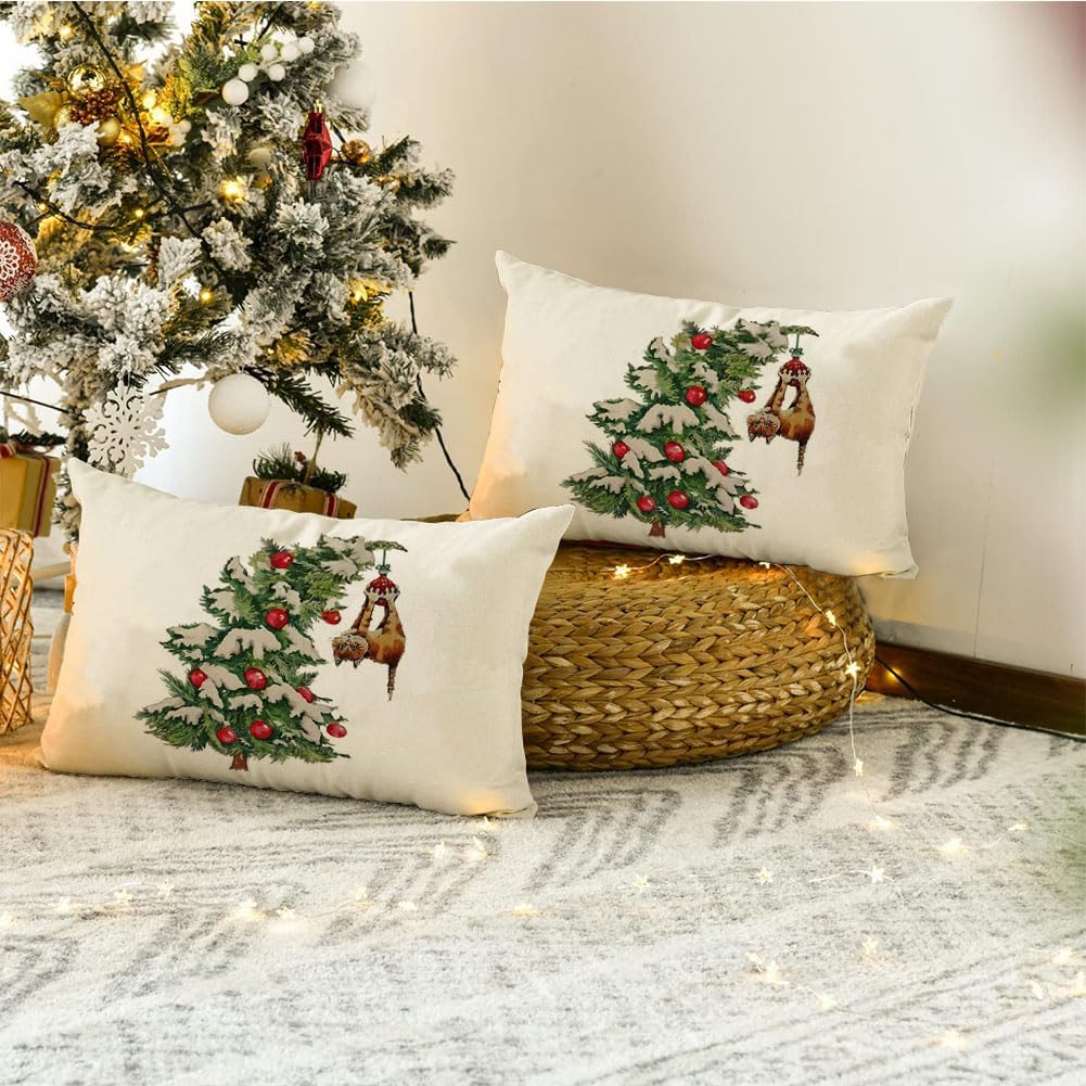 RABUSOFA Fundas de almohada de Navidad de invierno de 12 x 20 pulgadas, decoraciones de árbol de Navidad, fundas de almohada decorativas, fundas de