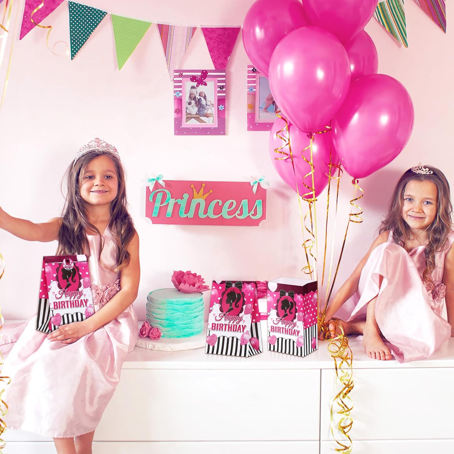 Tatuo 24 bolsas de regalo para fiesta de princesa, color rosa intenso, bolsas de regalo de papel de cumpleaños para niñas, bolsas de dulces para