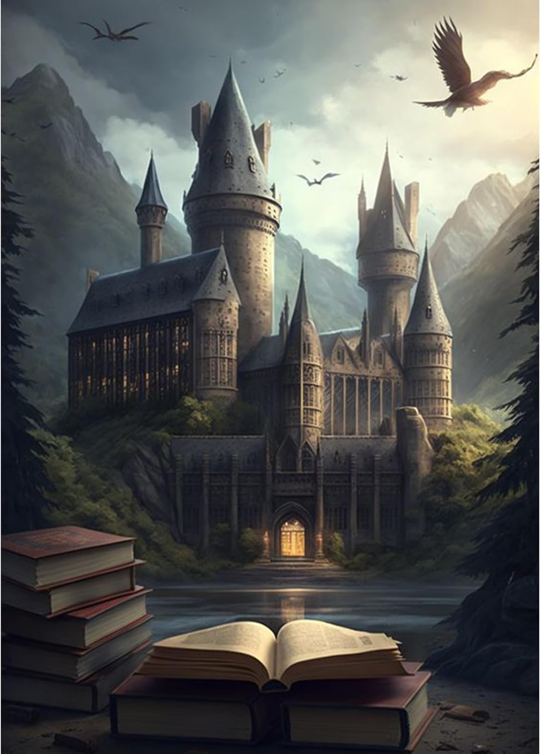 Lxmsja Libros mágicos de castillo 5D, pintura artística de diamantes para adultos, kits de pintura de diamantes, taladro completo redondo de