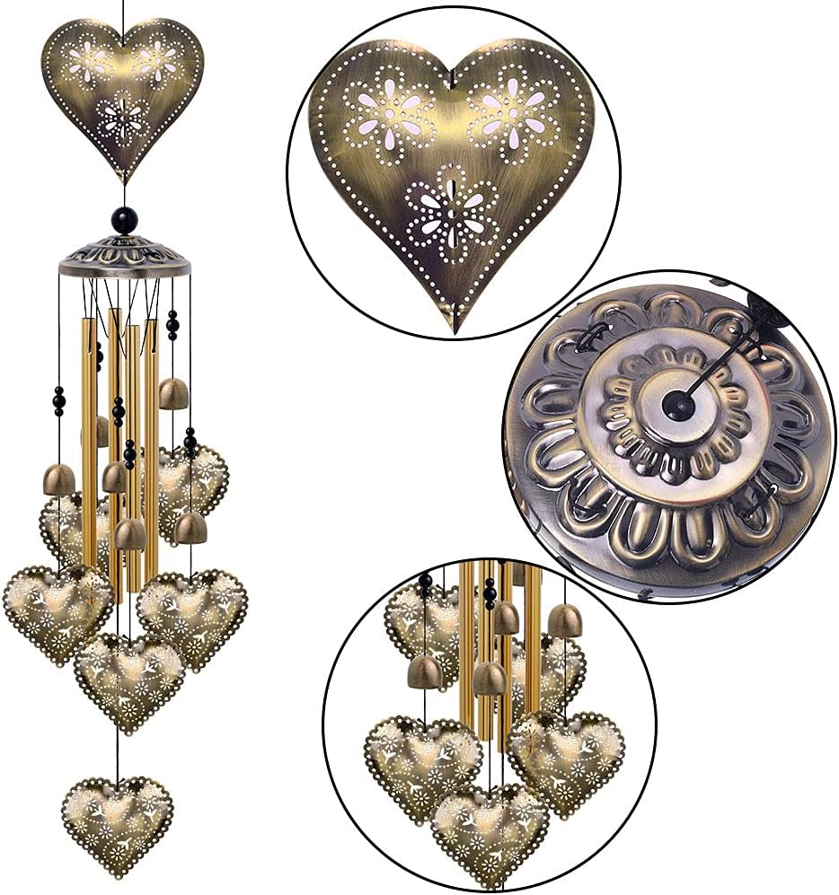 Campanillas de viento con forma de corazón para decoración interior y exterior, con 4 tubos, 6 campanas, 7 corazones, captador de viento romántico