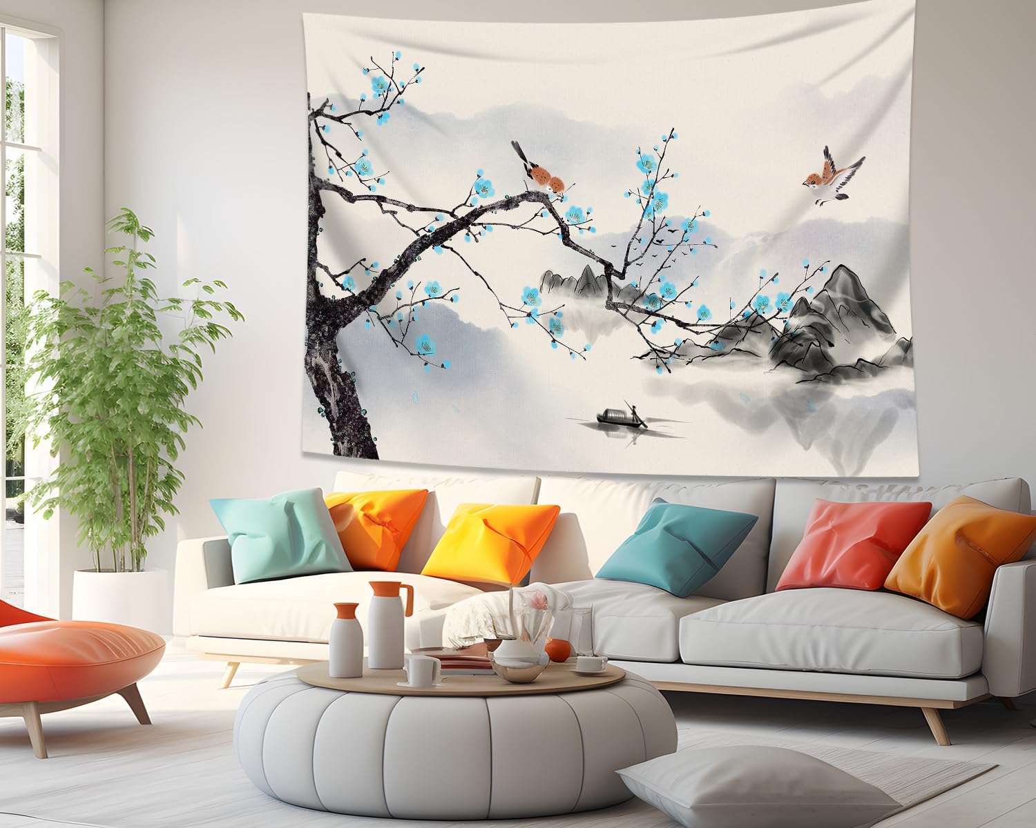 QGHOT Tapiz japonés asiático para hombre, tapiz de acuarela para colgar en la pared, tapiz calmante de pared, tapiz de paisaje de montaña, tapiz de