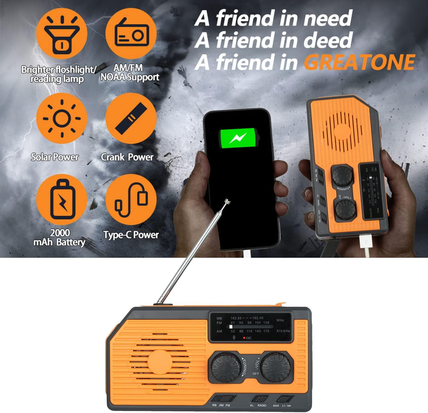1 Set AMFMSolar Radio with 5000 MAh Charging PowerSOS AlarmReading Light Function for Outdoor