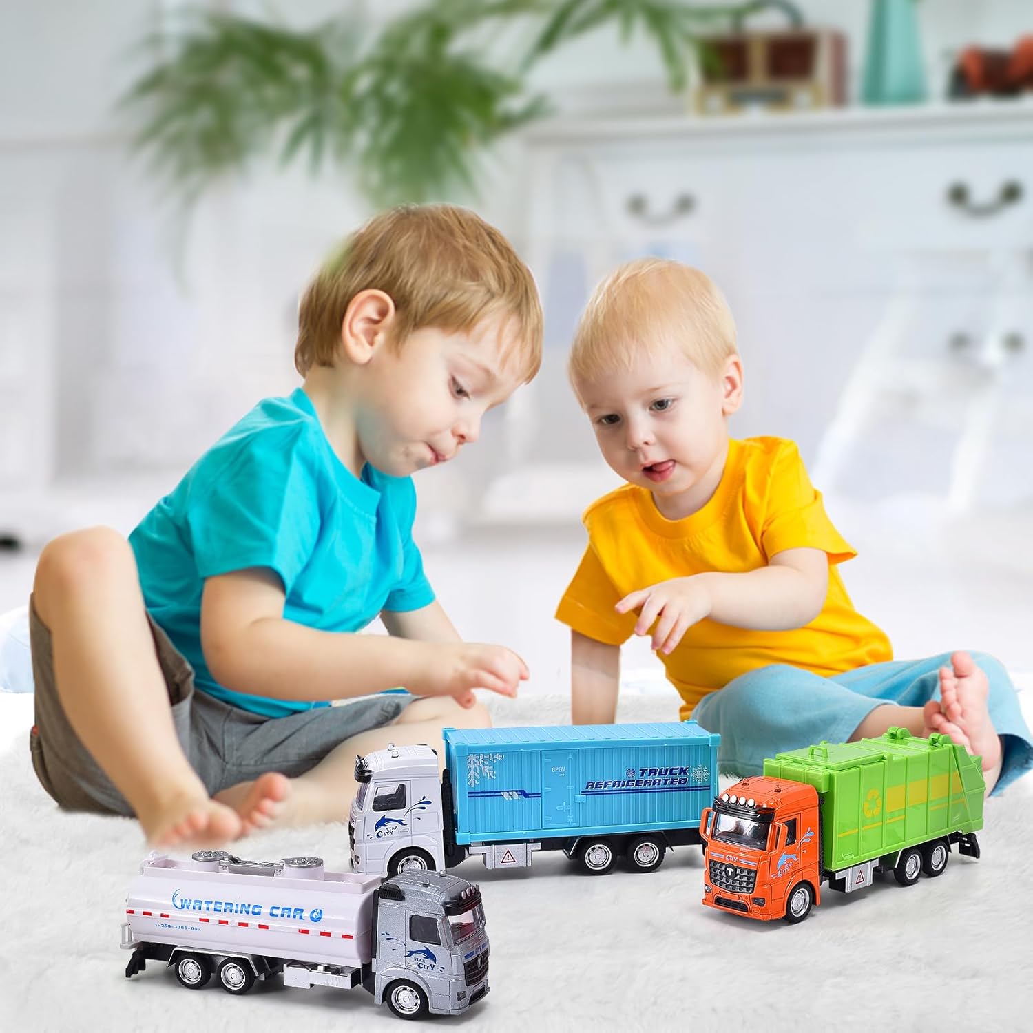 Tacobear Paquete de 3 camiones fundidos a presión, vehículos de transporte para niños y niños, camión de basura, camión rociador, camión