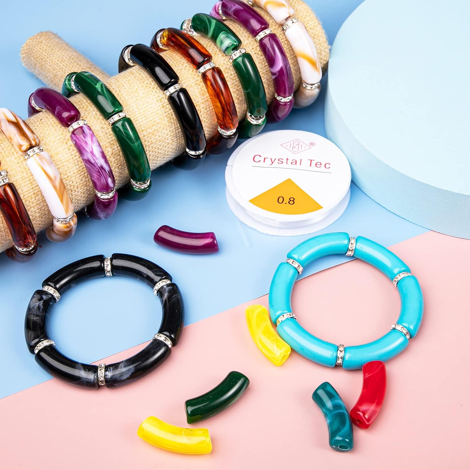 72 cuentas de tubo grueso de acrílico para hacer pulseras, 12 colores, cuentas de tubo de bambú curvadas, cuentas de fideos gruesos y cuerdas