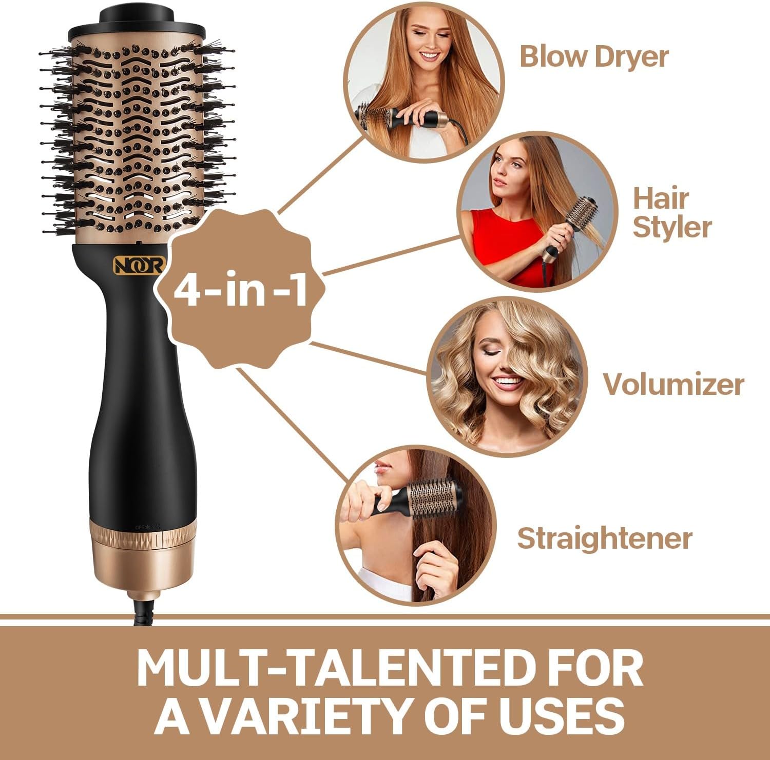 Cepillo secador de pelo 4 en 1 para mujer, alisador de pelo, cepillo secador de pelo voluminizador y estilizador con tecnología de iones negativos,