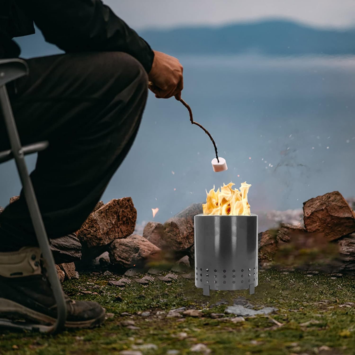 Pozo de fuego de mesa, hoguera para exterior, hoguera portátil de hierro sin humo con soporte, hoguera de leña al aire libre para campamento, patio,