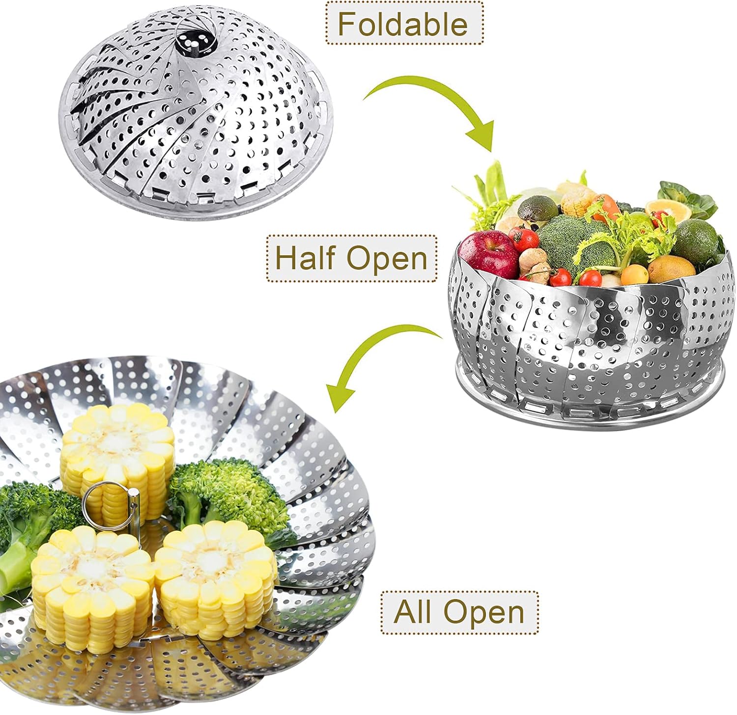 Cesta de vapor, utensilios de cocina plegables de acero inoxidable, tamaños ajustables para adaptarse a varias ollas (5.1 a 9 pulgadas)