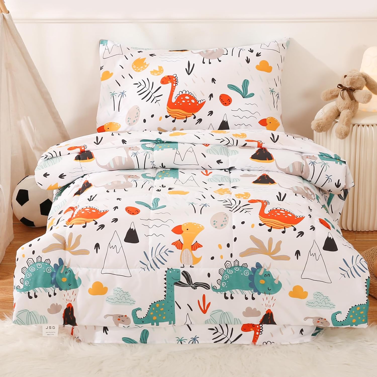 JSD Juego de ropa de cama de 4 piezas con diseño de dinosaurio para niños y niñas, incluye sábana encimera, sábana bajera, edredón acolchado y funda
