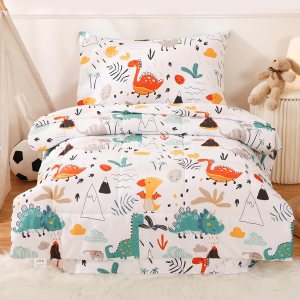 JSD Juego de ropa de cama de 4 piezas con diseño de dinosaurio para niños y niñas, incluye sábana encimera, sábana bajera, edredón acolchado y funda JSD Juego de ropa de cama de 4 piezas con diseño de dinosaurio para niños y niñas, incluye sábana encimera, sábana bajera, edredón acolchado y funda