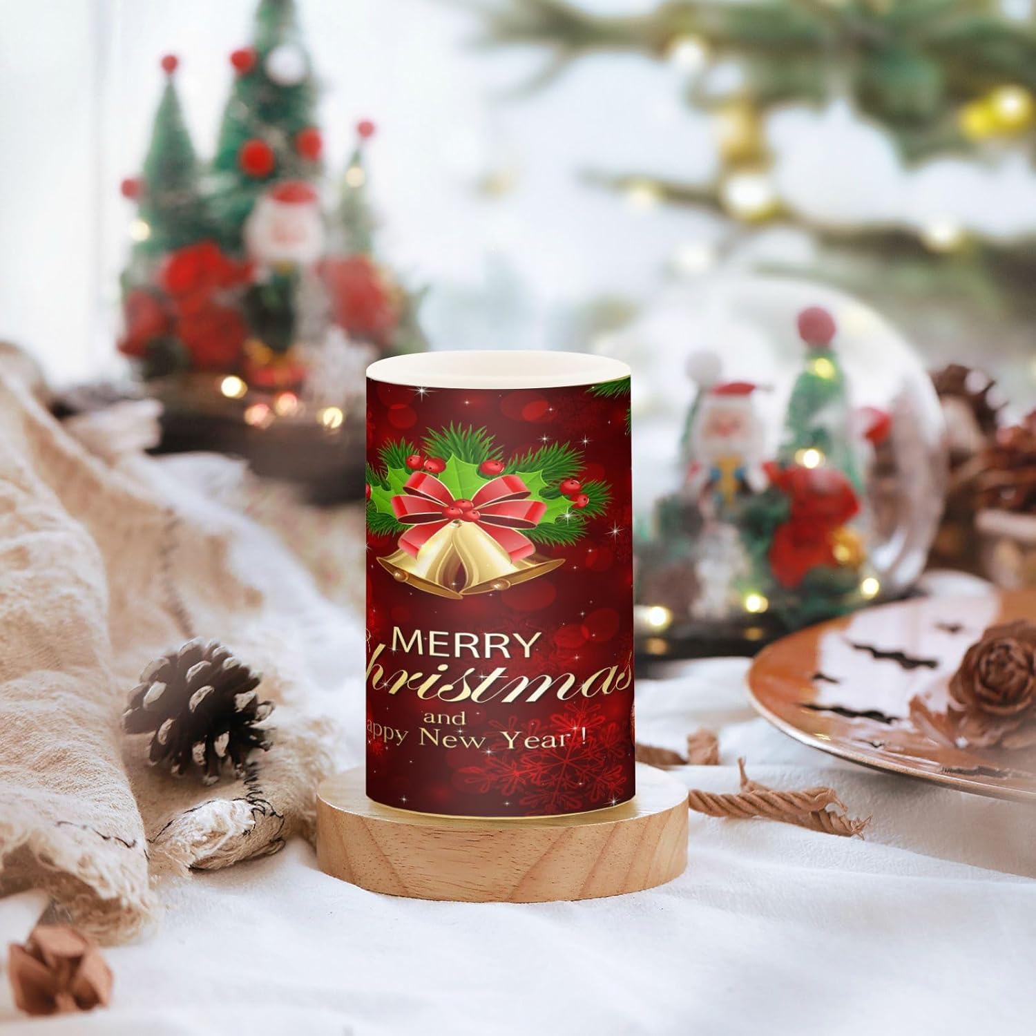 Kcldeci Velas sin llama, copos de nieve de Navidad, bolas de Navidad, velas LED sin llama, velas LED sin llama, velas de pilar sin llama para