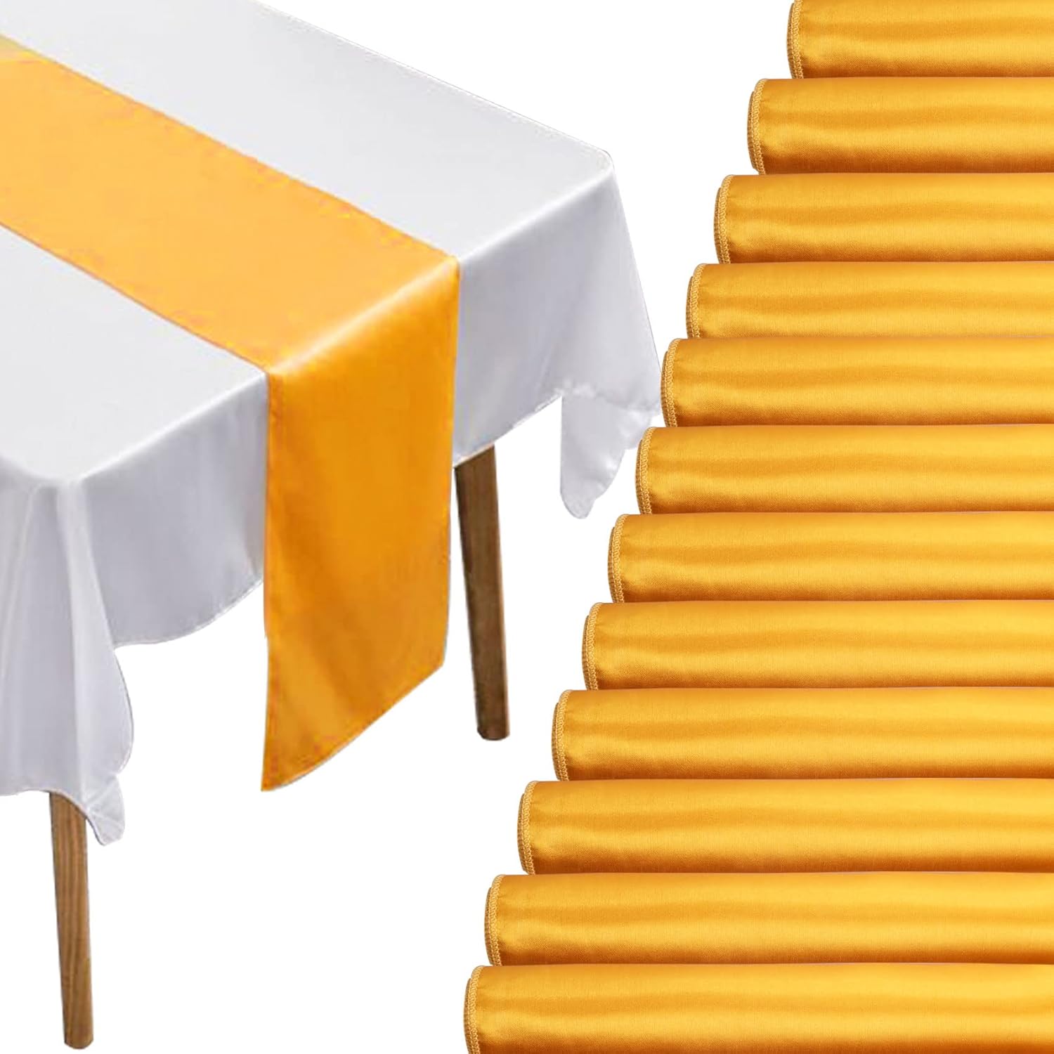 Camino de mesa de satén de 12 x 108 pulgadas de largo, color dorado, camino de mesa de tela de seda brillante y suave, para boda, banquete,