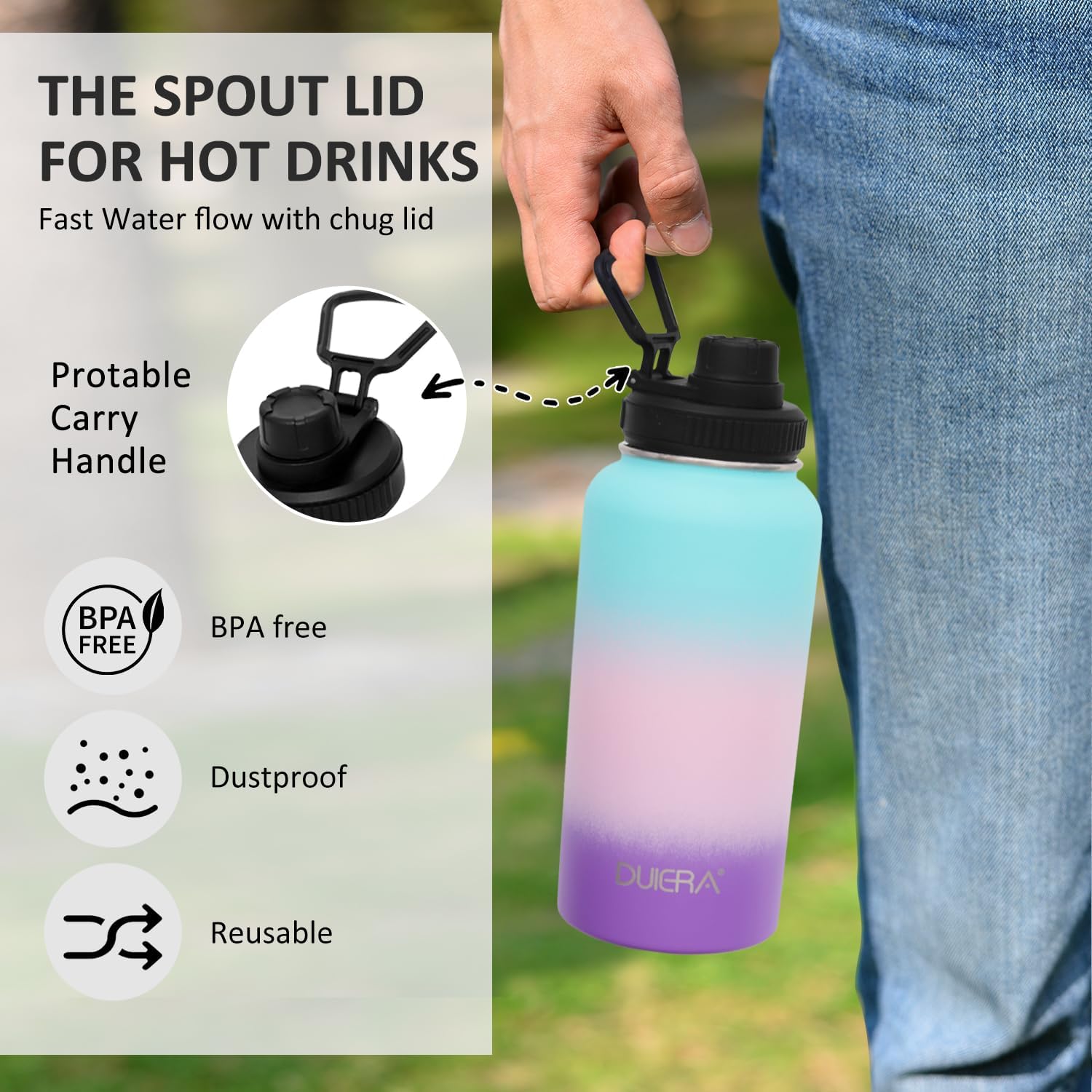 DUIERA Botella de agua de acero inoxidable con popote aislado para bebidas frías, con popote y tapa, botella de agua térmica al vacío para mujer, a