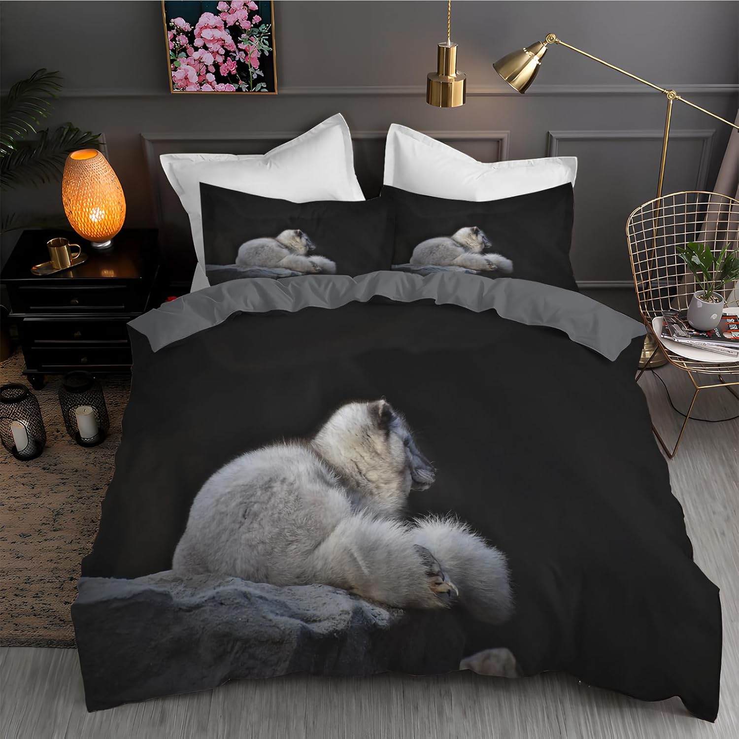 Black King Bedding Set Arctic Fox Duvet Cover 3-Piece Set for Bedroom Decor Soft Microfiber Comforter Cover 104×90 Inches and 2 Pillowcases, with