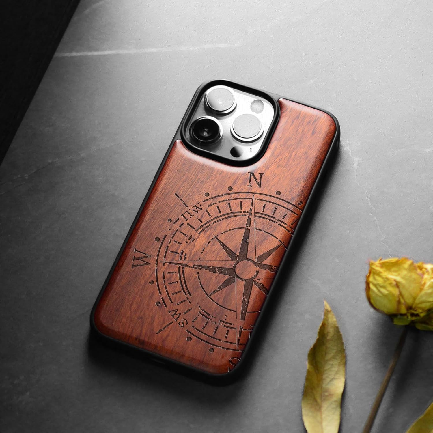 Carveit Funda magnética de madera para iPhone 15 Pro Max madera maciza y TPU suave negro a prueba de golpes, funda de madera única compatible con