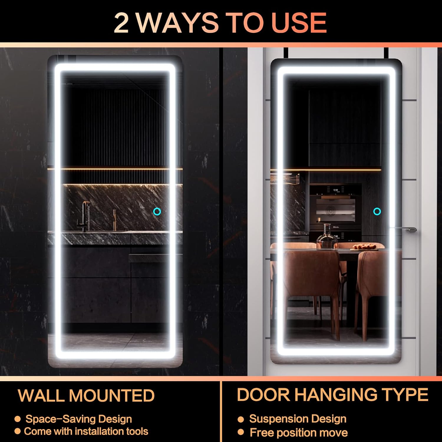 Biyatuos Espejo de pared con luz LED de 40 x 16 pulgadas, espejo de longitud completa con luces, espejo para colgar sobre la puerta, espejo para