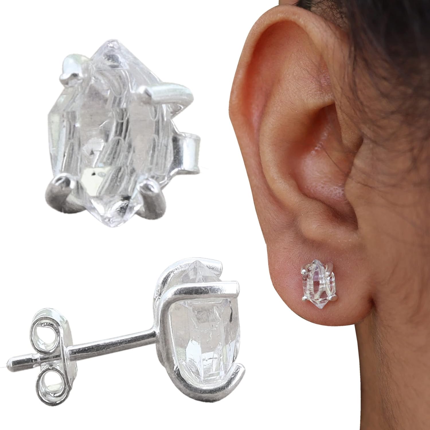 Raw Herkimer Diamond Studs  4-Prong Herkimer Diamond Earrings  Handmade Jewelry  Sterling Silver 925
