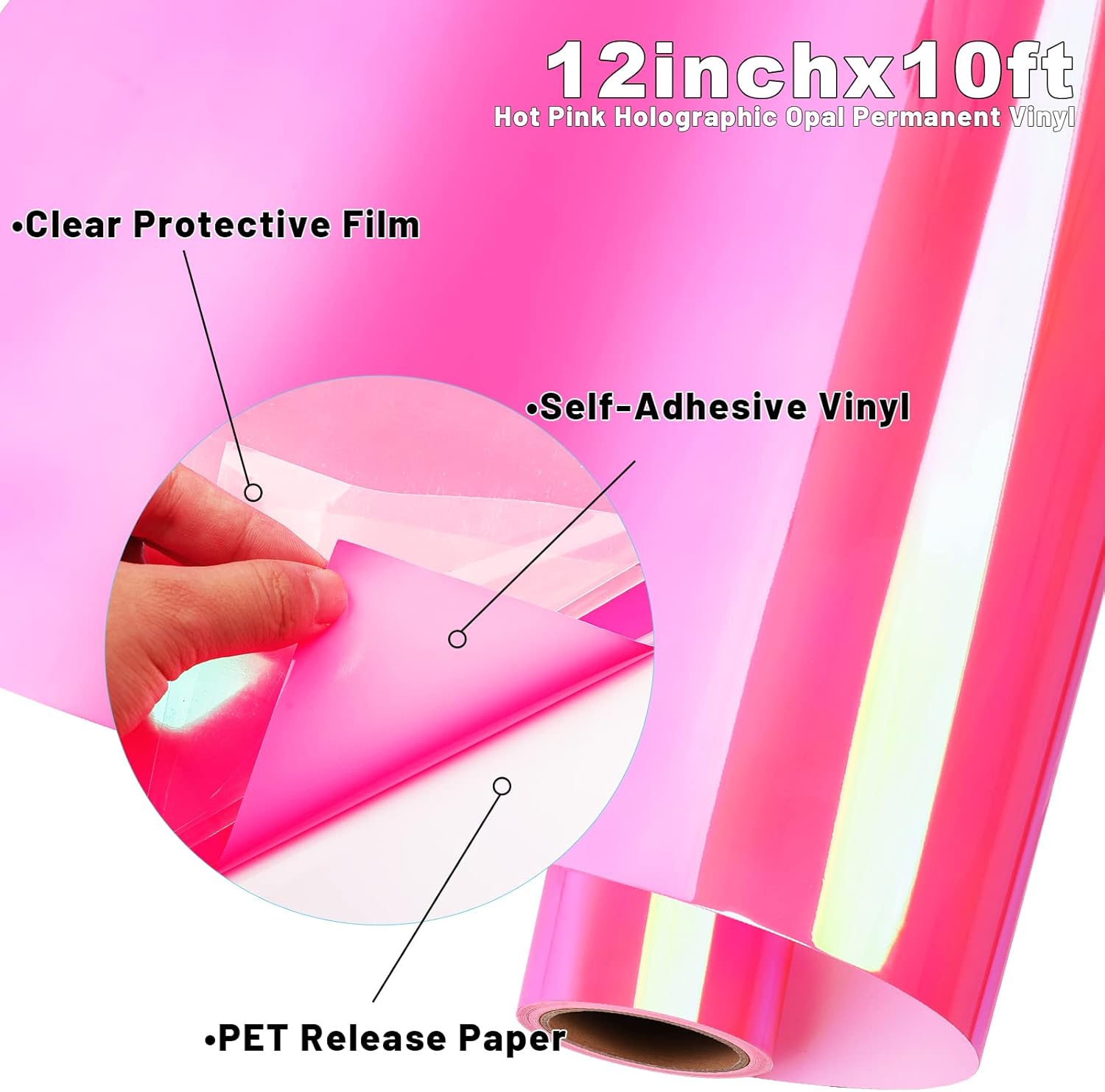 GIRAFVYINL – Rollo de vinilo permanente holográfico rosa intenso de 12 pulgadas x 10 pies, color rosa neón para cricut, decoración del hogar y el