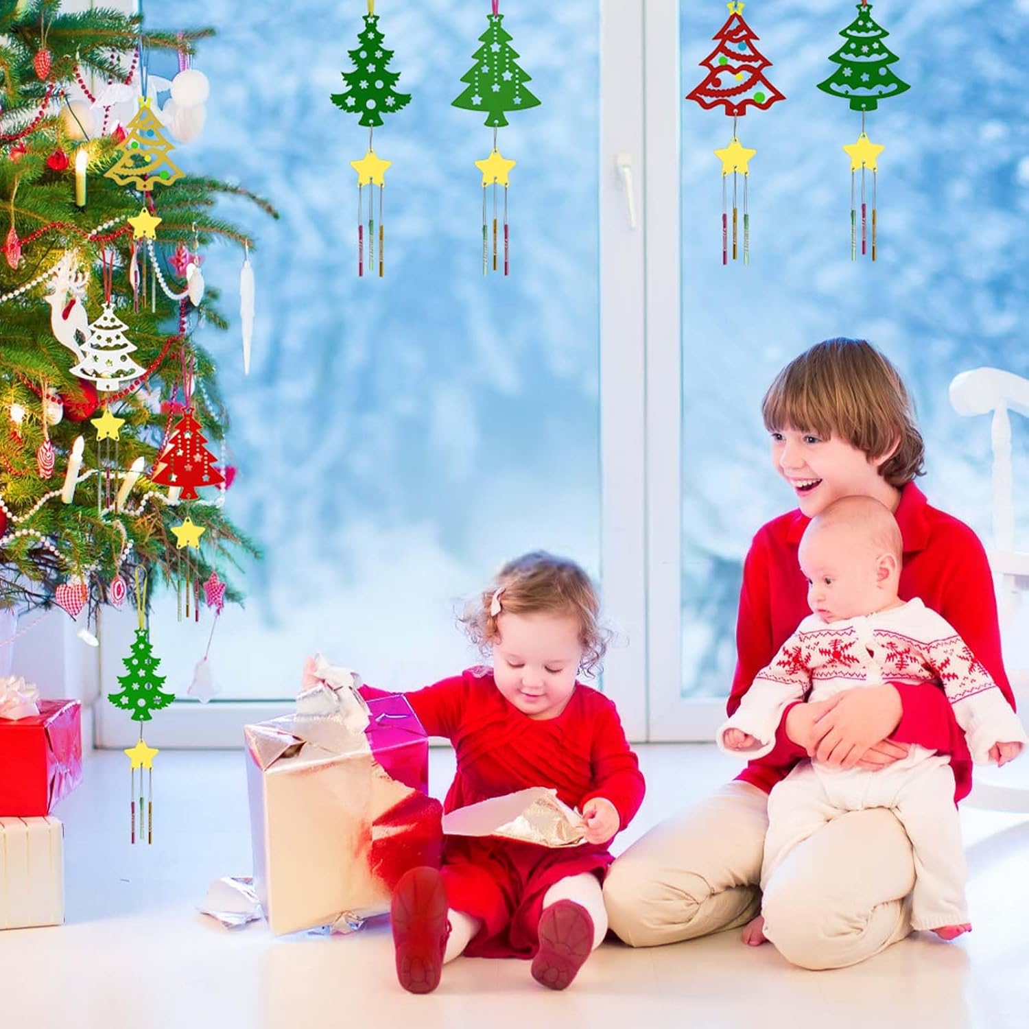 Paquete de 12 carillones de viento para niños, kits de manualidades de Navidad, carillón de viento de madera sin terminar, adornos de árbol de
