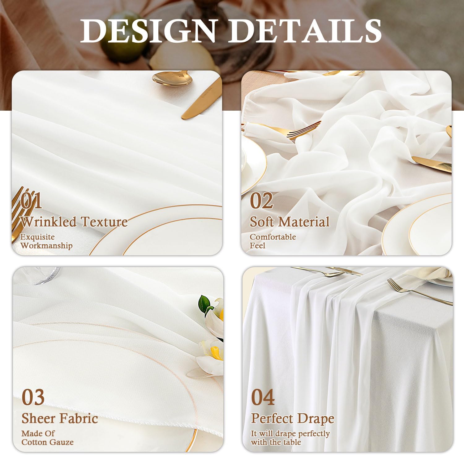 BESBESME Camino de mesa de gasa beige, camino de mesa grande blanco de 10 pies, romántico camino de mesa transparente para boda, fiesta, despedida