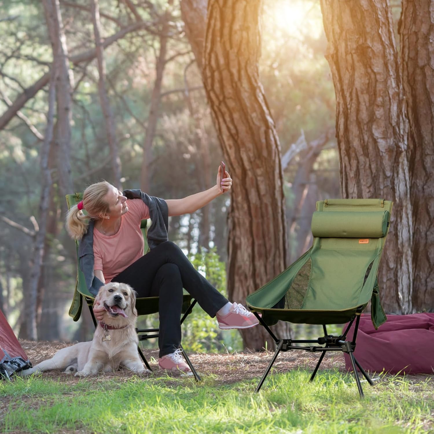 TOBTOS Mesa de camping portátil y plegable con bolsa de transporte y silla de campamento de respaldo alto, sillas plegables ligeras con bolsa de