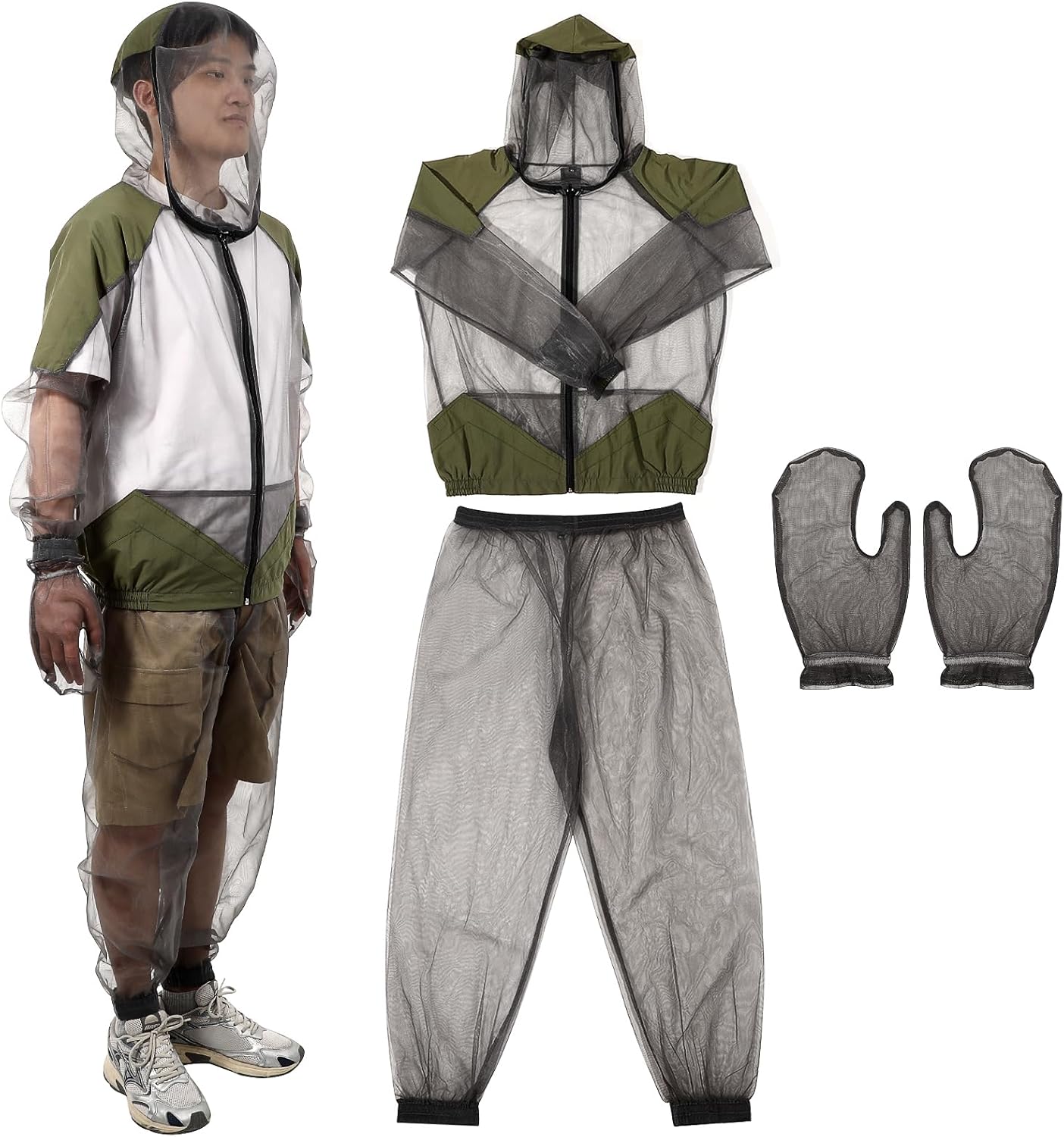 BESPORTBLE Traje de mosquito profesional para exteriores, 1 juego de chaqueta de malla transpirable con capucha y pantalones, protección de red para