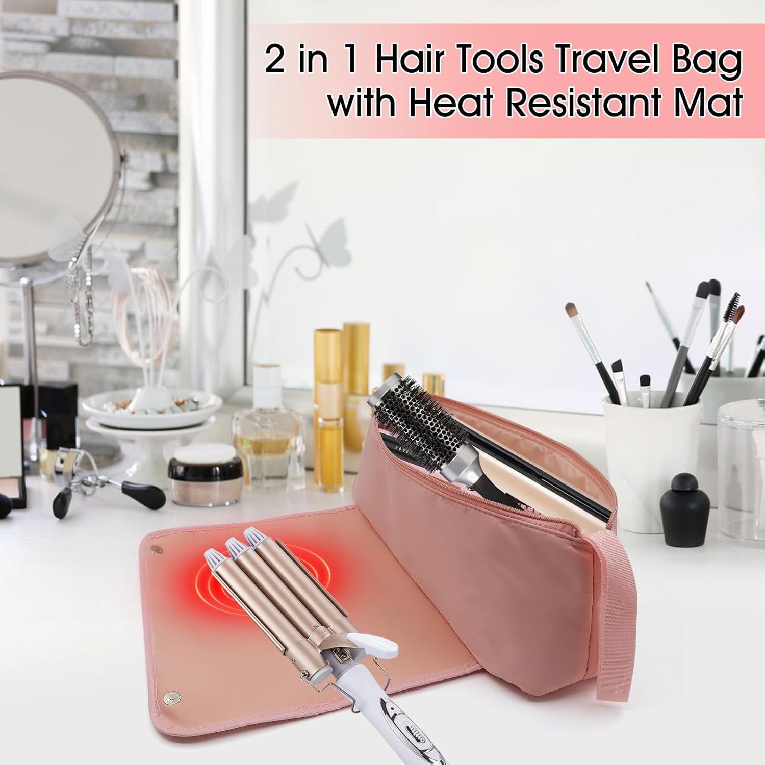 yuuzue Bolsa de viaje 2 en 1 para herramientas para el cabello con alfombrilla resistente al calor para herramientas para el cabello, rizador,