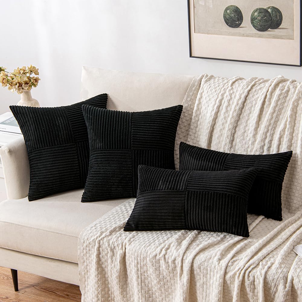 MIULEE Juego de 2 fundas de almohada de pana color negro, fundas de almohada decorativas bohemias empalmadas, fundas de almohada suaves y sólidas