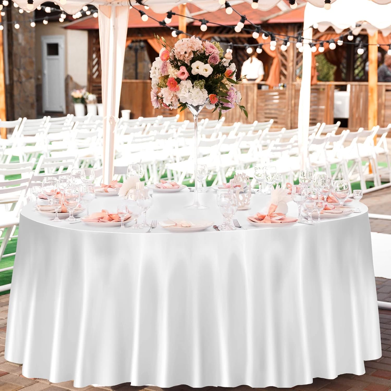 Tudomro 8 manteles redondos de satén de 108 pulgadas, superpuestos, de tela suave, para bodas, recepciones, fiestas, banquetes, decoración de mesa