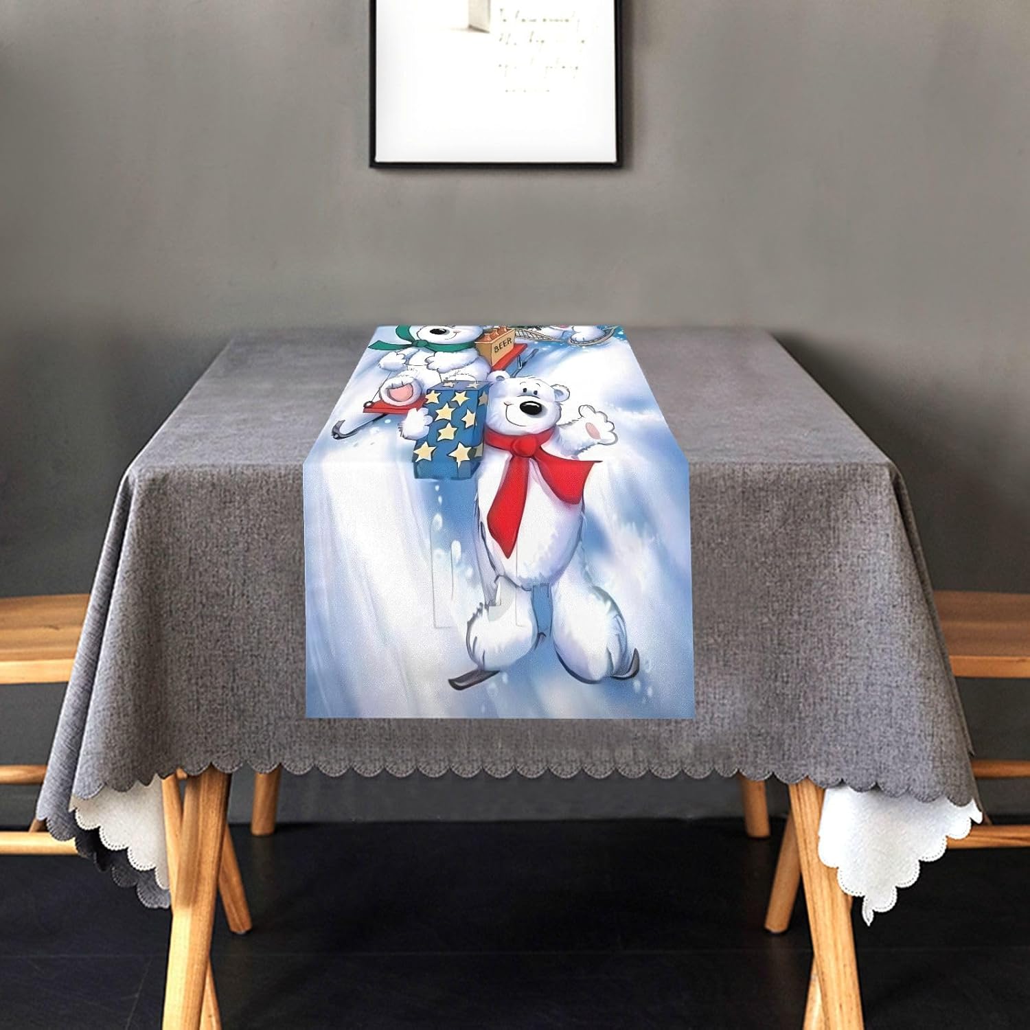 Camino de mesa de oso blanco de Feliz Navidad, decoración de cocina para decoración de cocina, camino de mesa de Navidad, 72 pulgadas de largo
