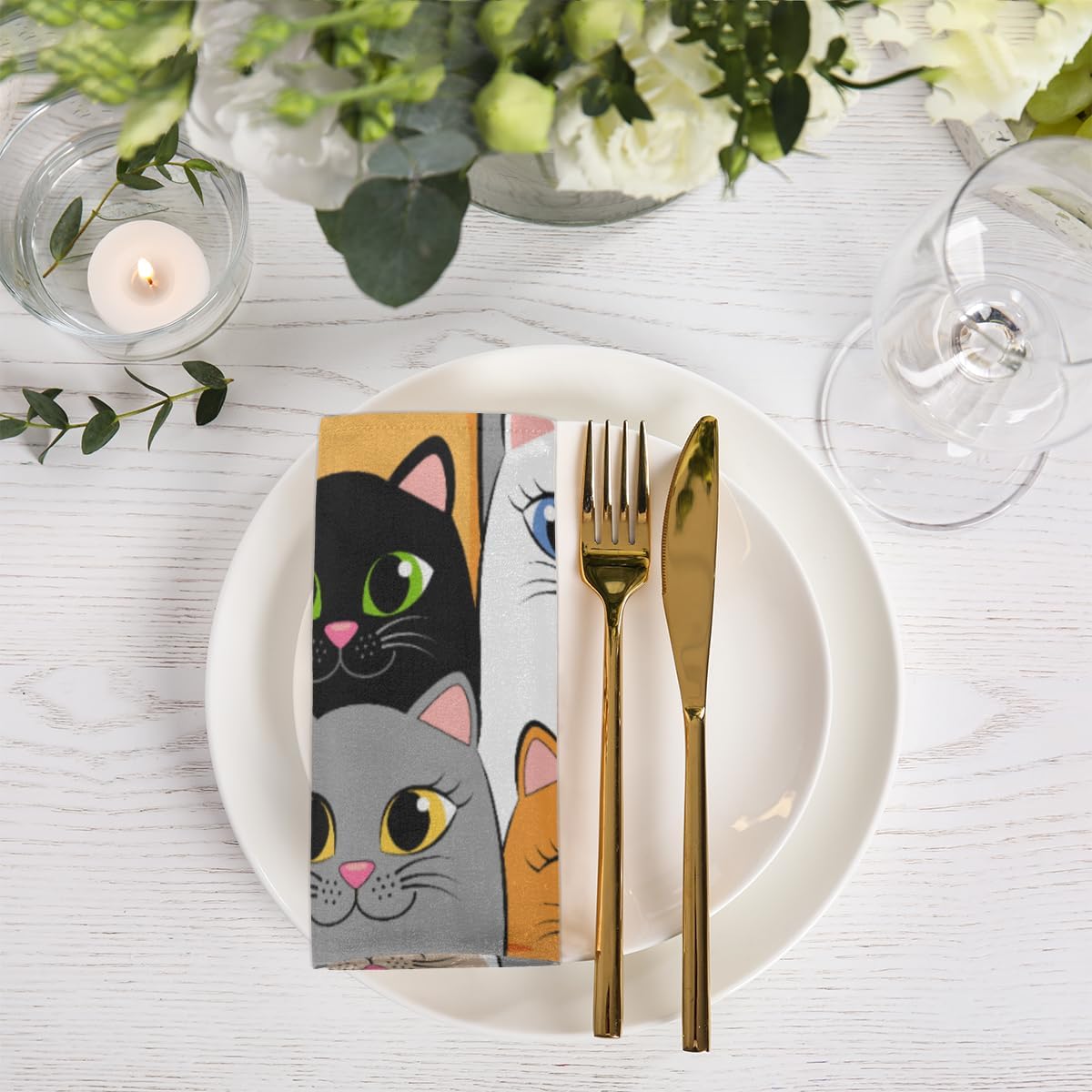 Cloth Napkins Set of 6 Cat 20×20 Inch Cloth Napkins Cute Cat Washable Reusable Kitchen Dinner Napkins Table Decor for Wedding, Holiday Party, Home,