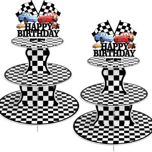 Paquete de 2 soportes para cupcakes de autos de carreras, suministros de fiesta de cumpleaños, dos decoraciones rápidas de autos para camiones, Paquete de 2 soportes para cupcakes de autos de carreras, suministros de fiesta de cumpleaños, dos decoraciones rápidas de autos para camiones,