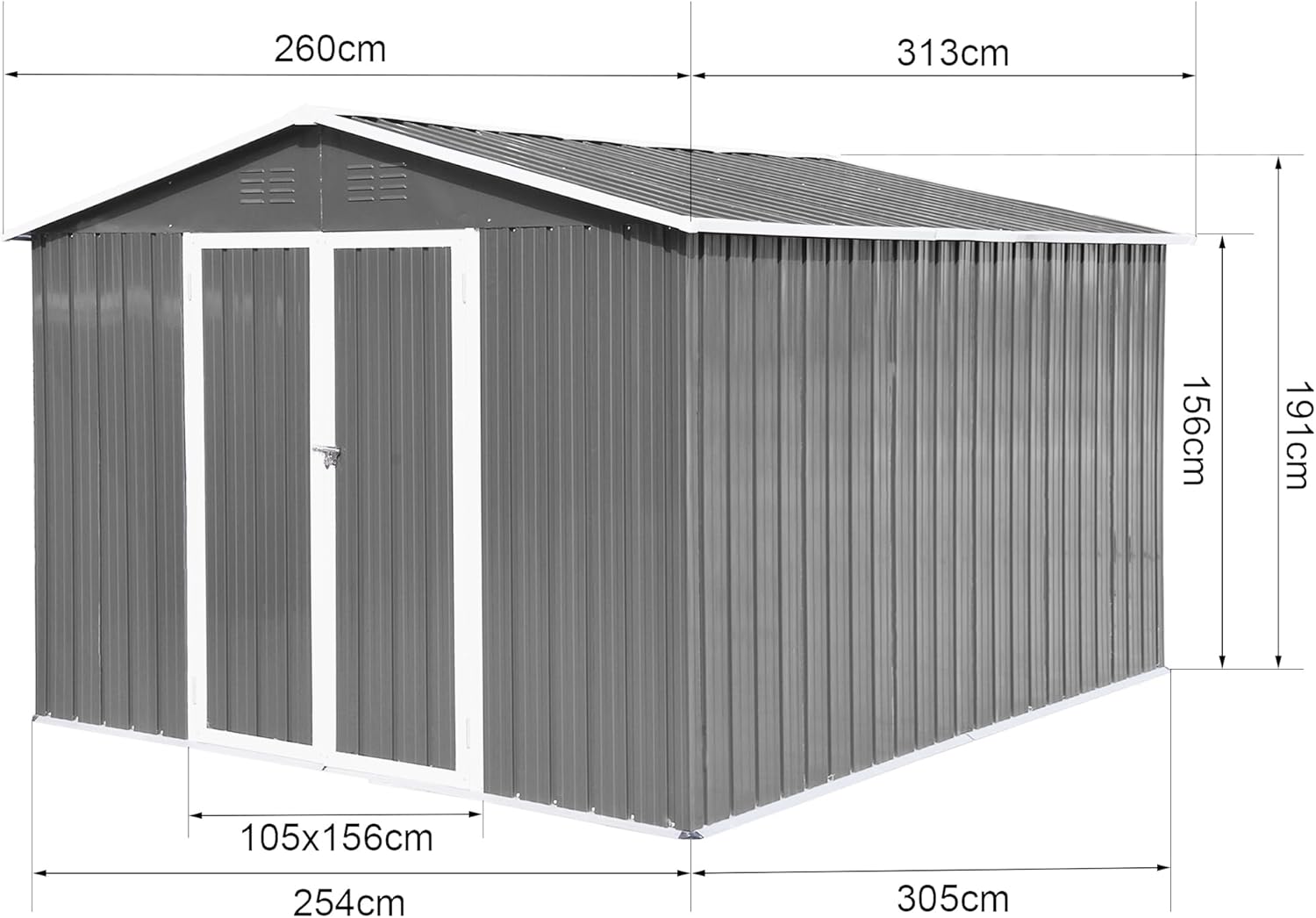 GLANZEND Cobertizo de jardín de metal para exteriores de 10 x 8 pies, cobertizo de almacenamiento grande de acero galvanizado con puertas con