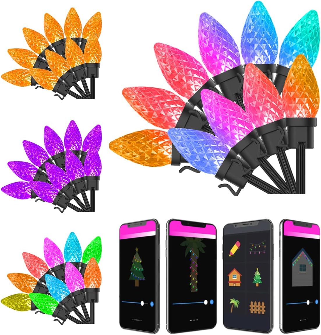 Luces de Navidad C9, pantalla personalizada, 32.8 pies, 50 LED, controlada por aplicación, cambio de color, control de grupo, luces al aire libre,