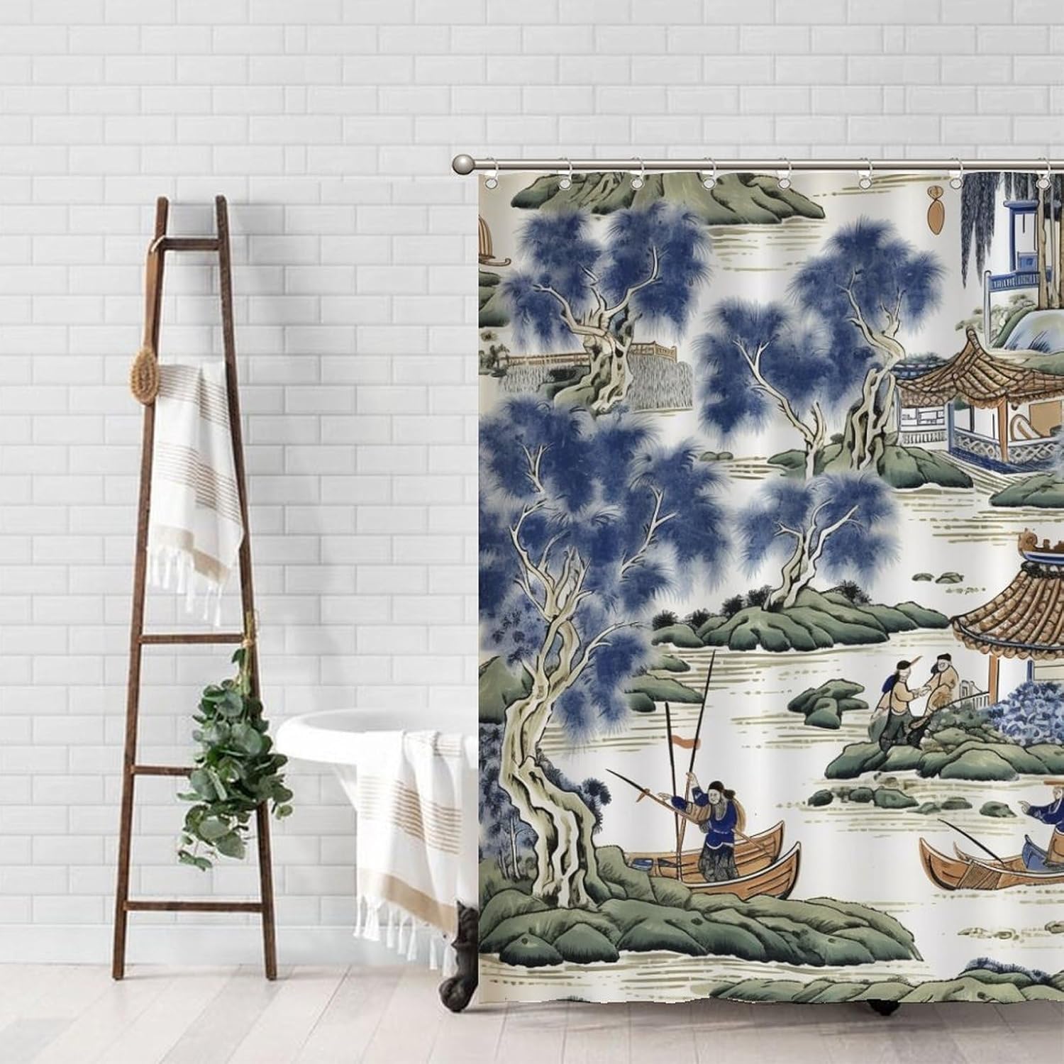 Cortina de ducha azul y verde chinoiserie de pinos chinos, tela de pabellón chino, forro de cortina de ducha impermeable para decoración de bañeras