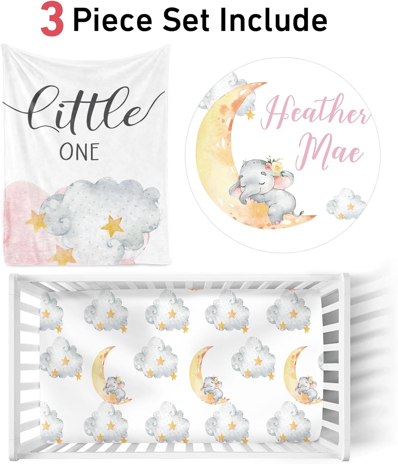 Juego de sábanas personalizado para cuna de elefante bebé juego de ropa de cama personalizado para cuna de 3 piezas con nombre, juego de sábanas