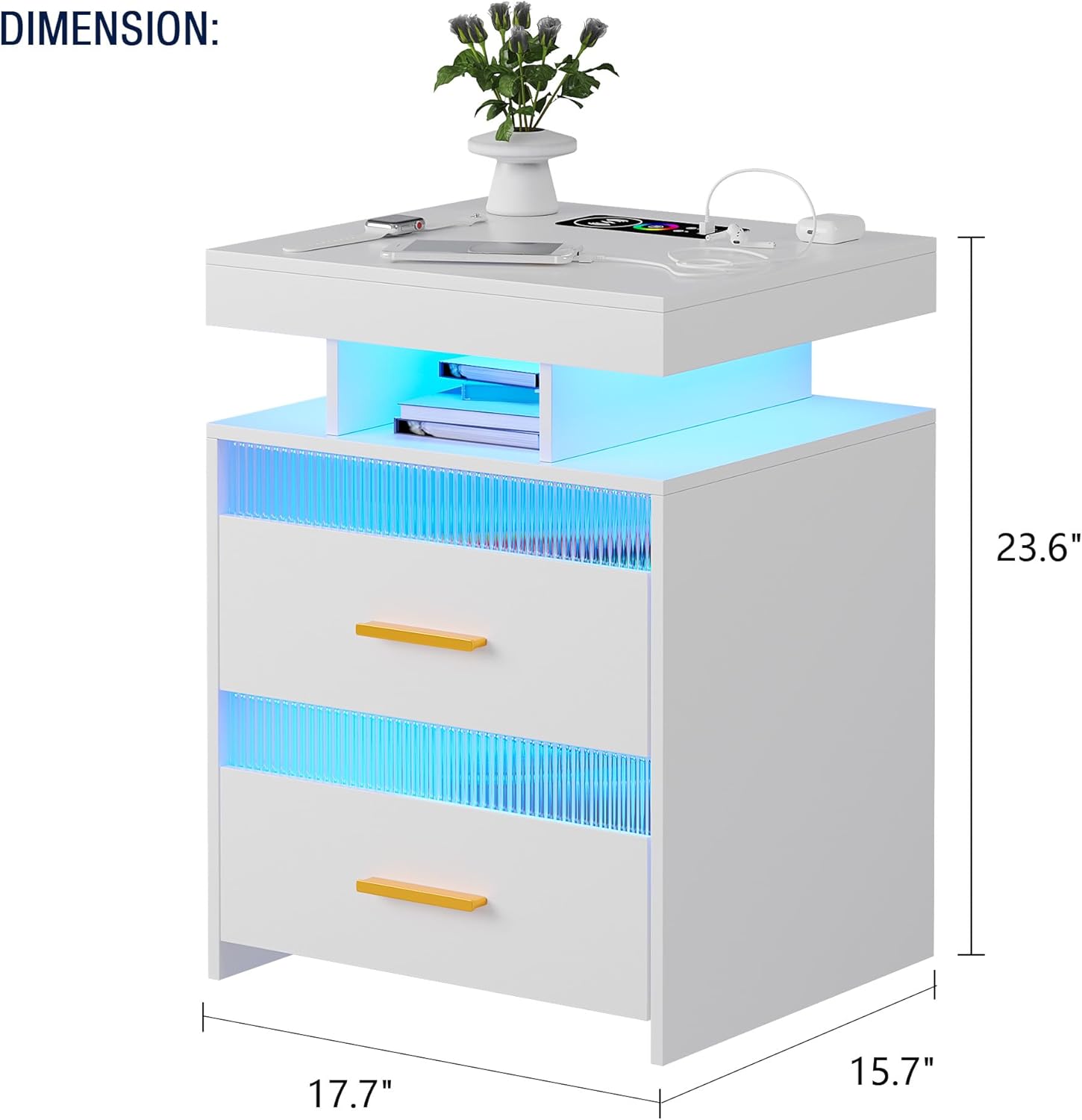 OUTDOOR DOIT Mesita de noche con estación de carga inalámbrica y luces LED, mesitas de noche modernas, mesita de noche con 2 cajones transparentes y