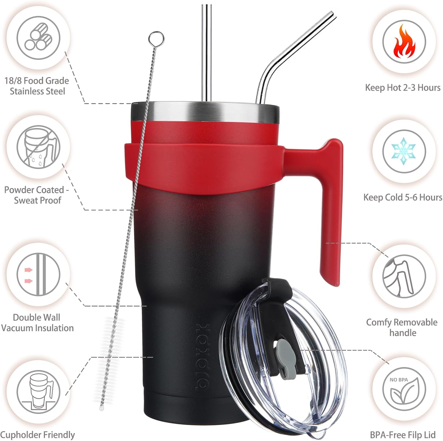 BJPKPK Vaso aislado de doble pared de acero inoxidable de 20 onzas con asa y tapa de pajita, luna de sangre