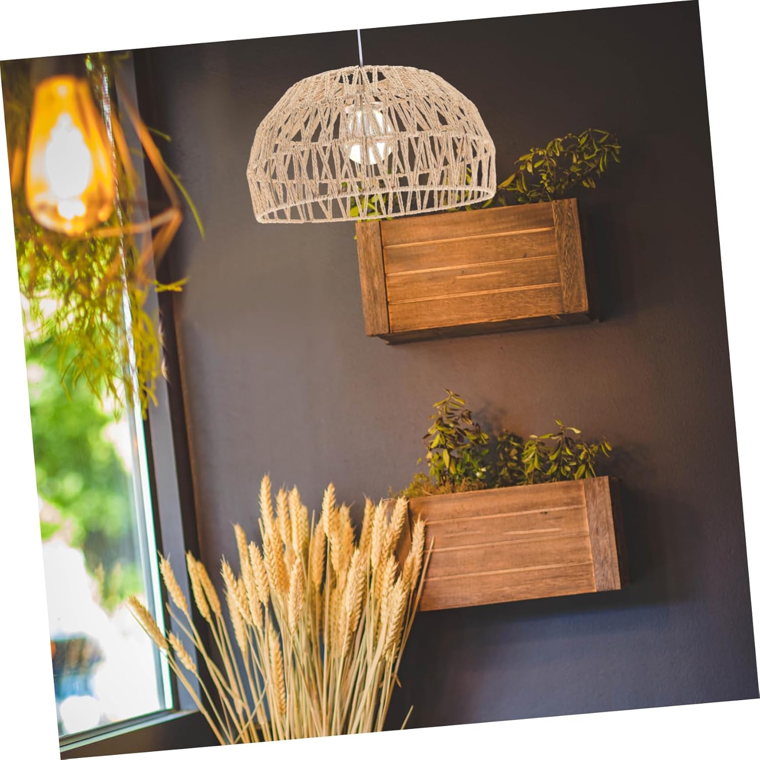 DOITOOL Imitación de ratán cuerda de papel pantalla ratán ventilador de techo cesta mimbre boho lámparas techo tejido lámpara colgante cubierta de