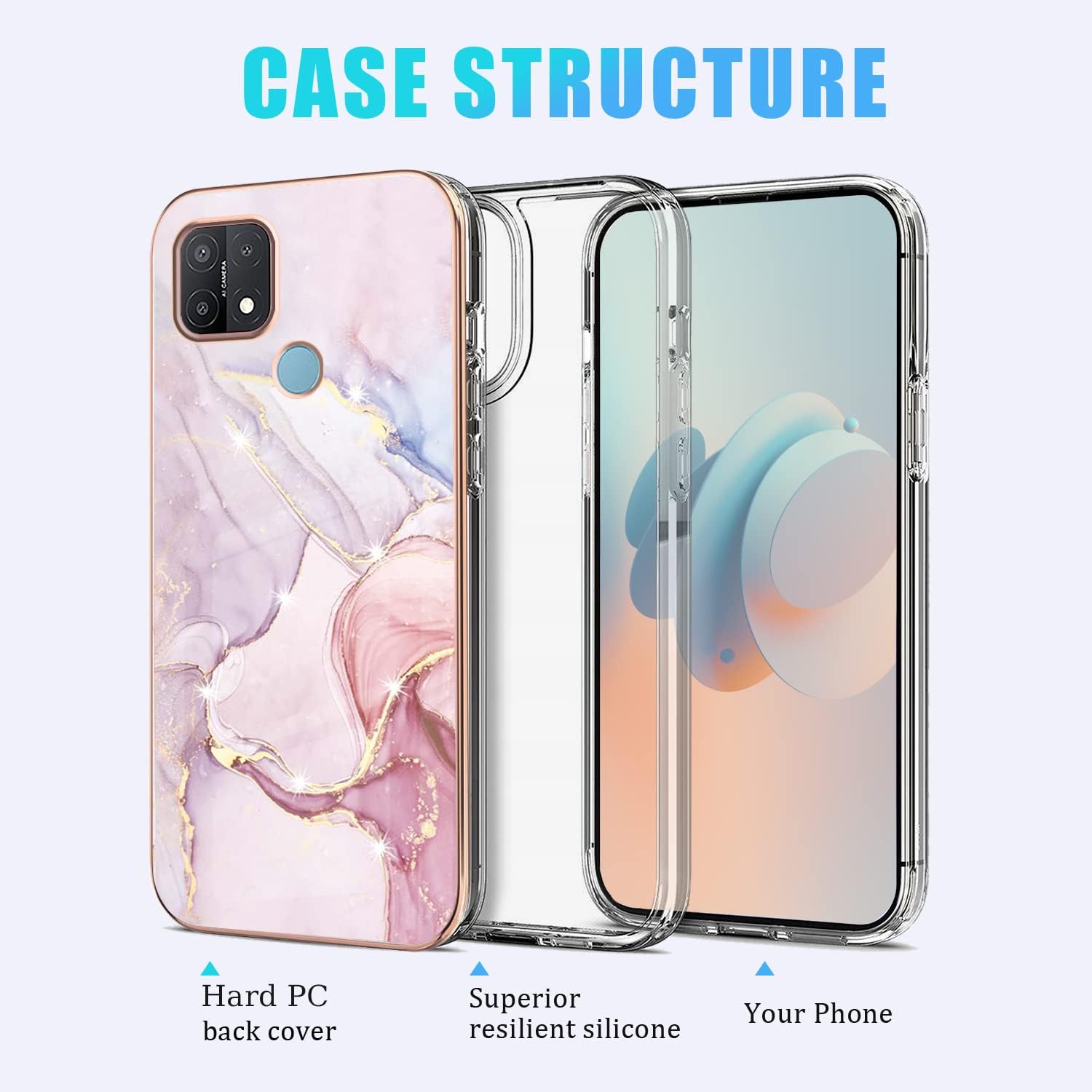 Funda compatible con Oppo A15 de silicona de mármol, protección de cuerpo completo a prueba de golpes Oppo A15, funda delgada de policarbonato duro