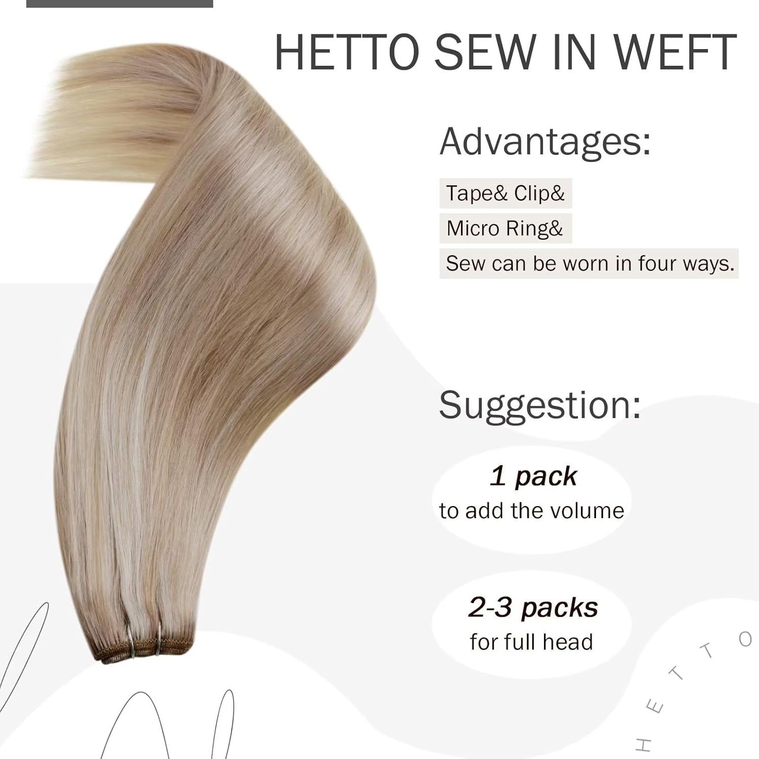 Hetto Extensiones de cabello humano rubio con trama para coser, extensiones de cabello humano #18613, color rubio #18613, extensiones de cabello