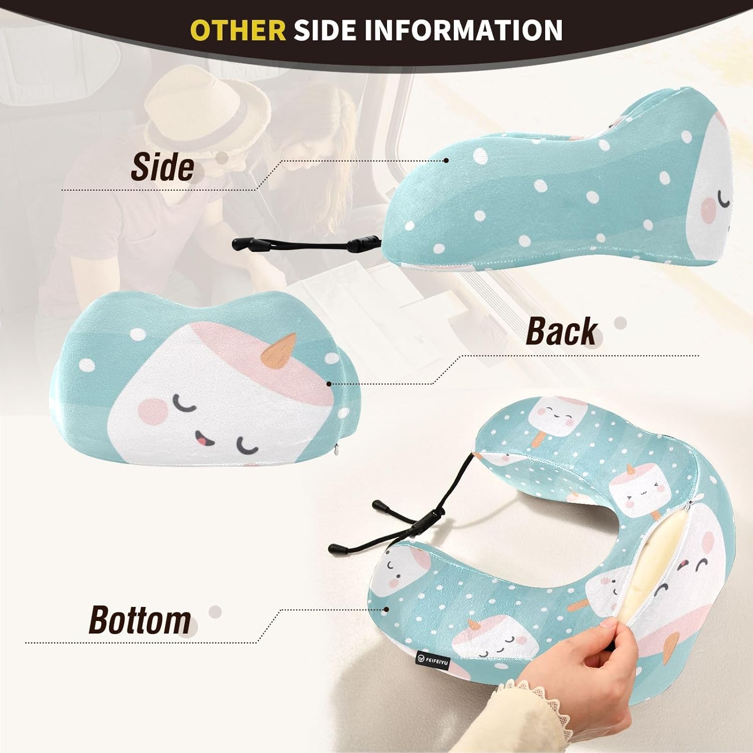 Marshmallow – Almohadas de viaje portátiles con patrón de cara, almohada en forma de U para avión, almohada de viaje para niños