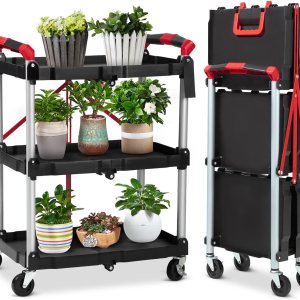 Garvee Carro plegable móvil, carrito de servicio portátil, carrito utilitario de 3 niveles, carritos utilitarios plegables para oficina, almacén y Garvee Carro plegable móvil, carrito de servicio portátil, carrito utilitario de 3 niveles, carritos utilitarios plegables para oficina, almacén y