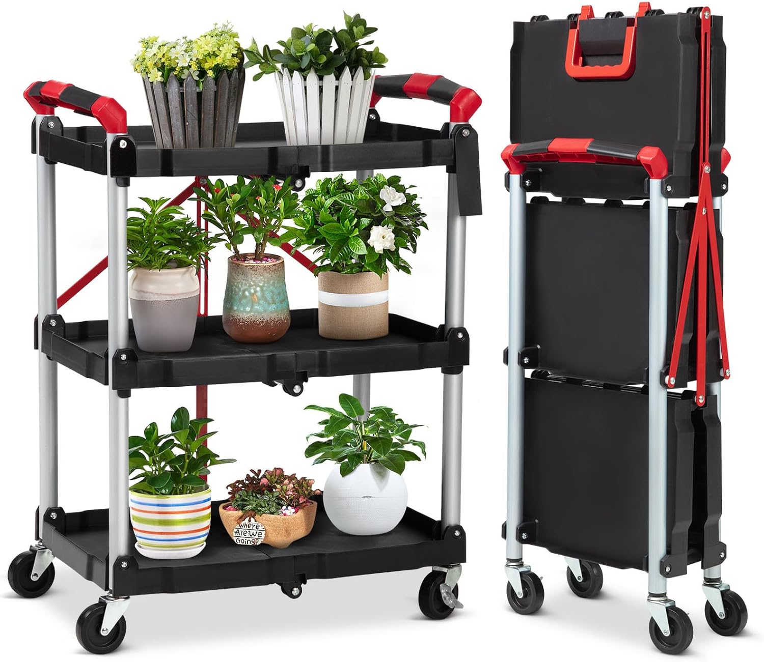 Garvee Carro plegable móvil, carrito de servicio portátil, carrito utilitario de 3 niveles, carritos utilitarios plegables para oficina, almacén y