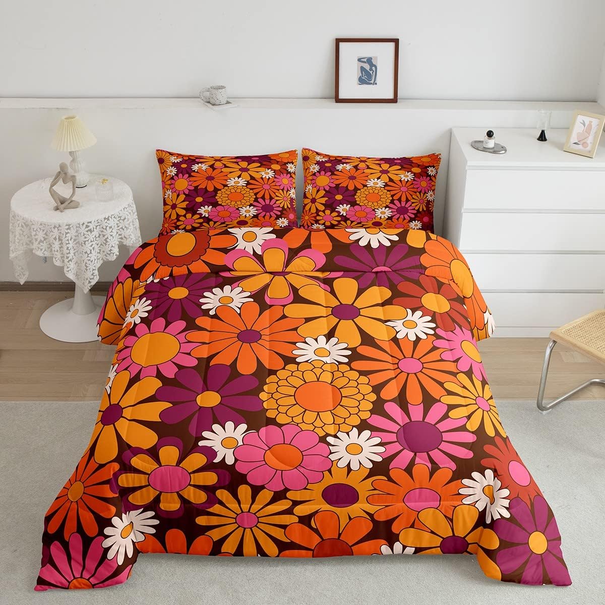 Erosebridal Groovy – Juego de edredón floral individual para niñas, ropa de cama y juegos de ropa de cama retro con diseño de margaritas, decoración
